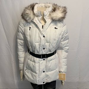 Michael Michael Kors Women’s Logo Belted Hood Faux Fur Trim Puffer Coat White